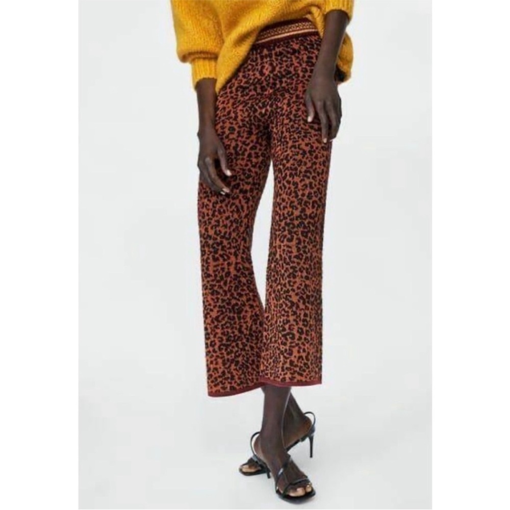 Zara Knit | Leopard Print Metallic High Waist Knit Crop Flare | Rust/Black | S/M